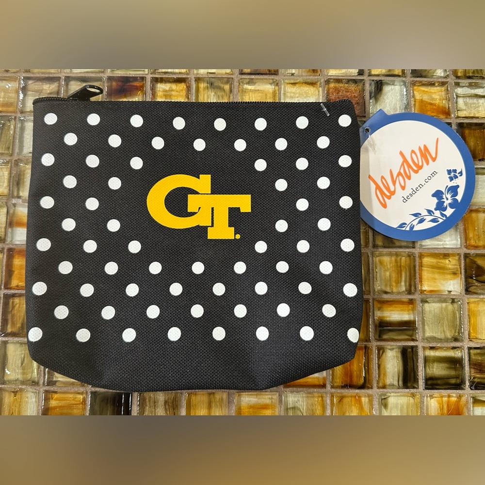 NWT Desden Georgia Tech Yellow Jackets Polka Dot Zippered Pouch/Makeup Bag~$30